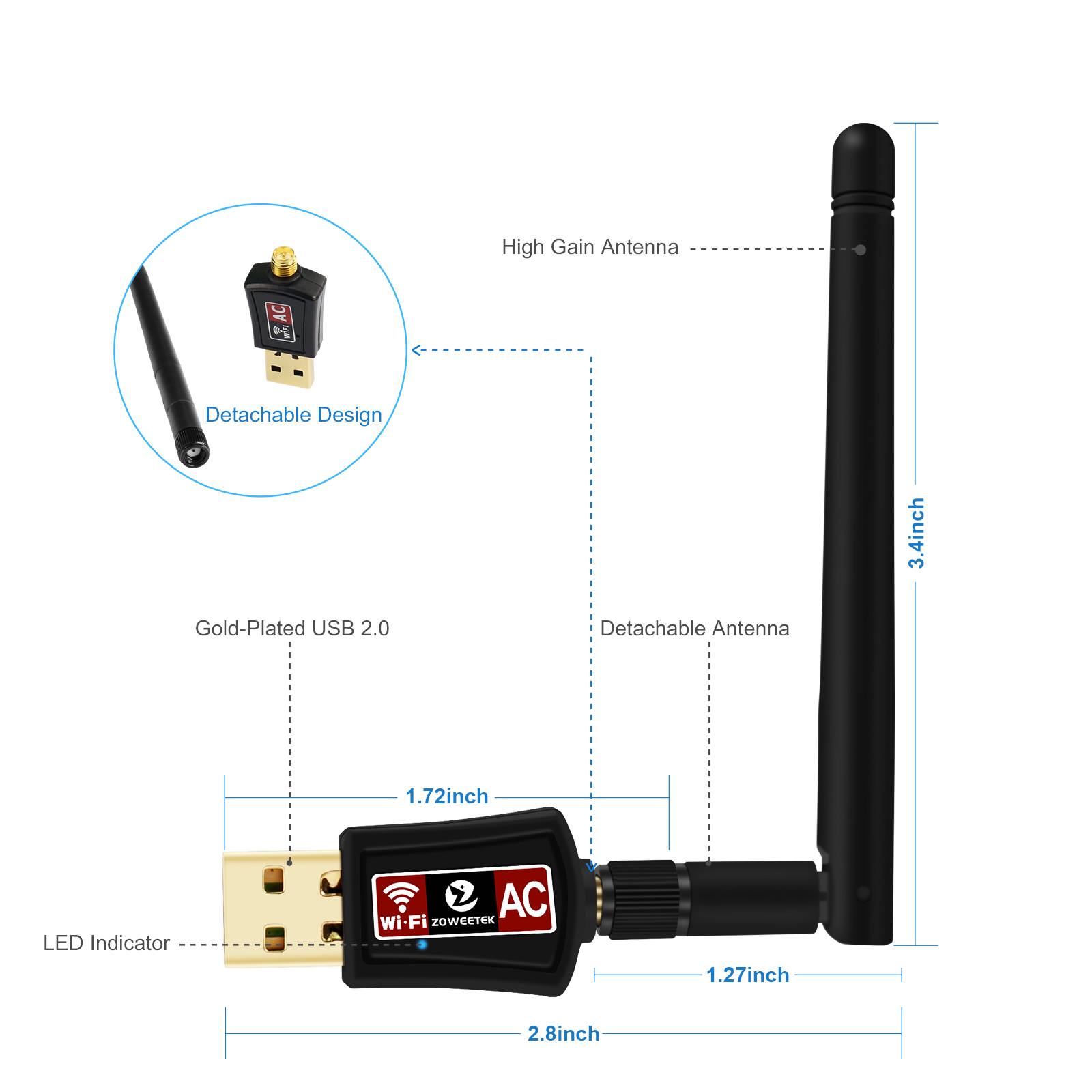 Zoweetek Draadloze Mini Wifi Adapter 2d600Mbps 802.11ac Dual Band 2.4G/5G Usb Ethernet Ontvanger 2dBi