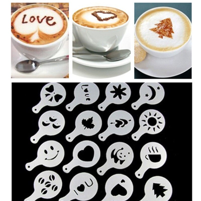 16 Stks/set Koffie Stencil Filter Latte Cappuccino Barista Art Stencils Cake Stofdoek Sjablonen Koffie Gereedschap Accessoires