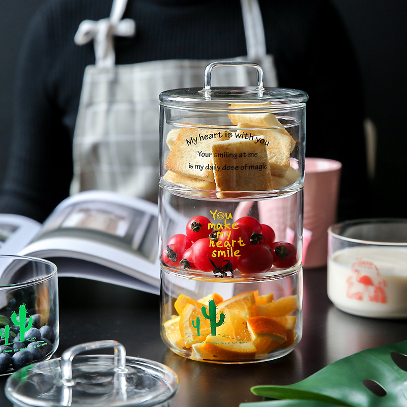 Nordic Heat-Resistant Glass Storage Jars with Cover Flamingo Candy Ice Cream Storage Bottles Kitchen DIY Salad Transparent Bowl