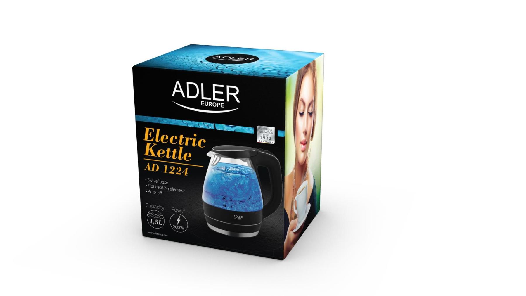 Adler AD-1224 AD 1224-kettle, 1,5 litres, black, 2000 W, 1.5 litres, 0 decibels, Crystal