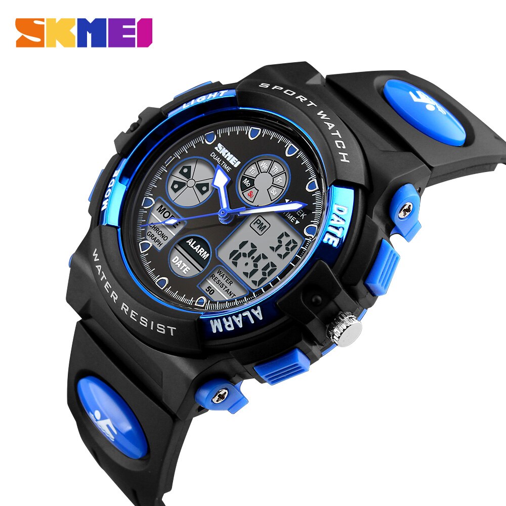 Skmei Dual Display Kinderen Horloge Led Digitale Horloge Pu Sport Shockproof 50M Waterdicht Alarm Sport Jongens Meisjes Kids klokken: Blue