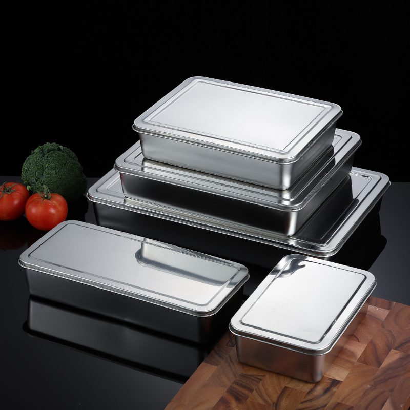 Narrow-Sided Rectangular Plate 304 Stainless Steel Deepened Flat-Bottomed Steamed Cake Pan Baking Pan Cooked Food Tray With Lid