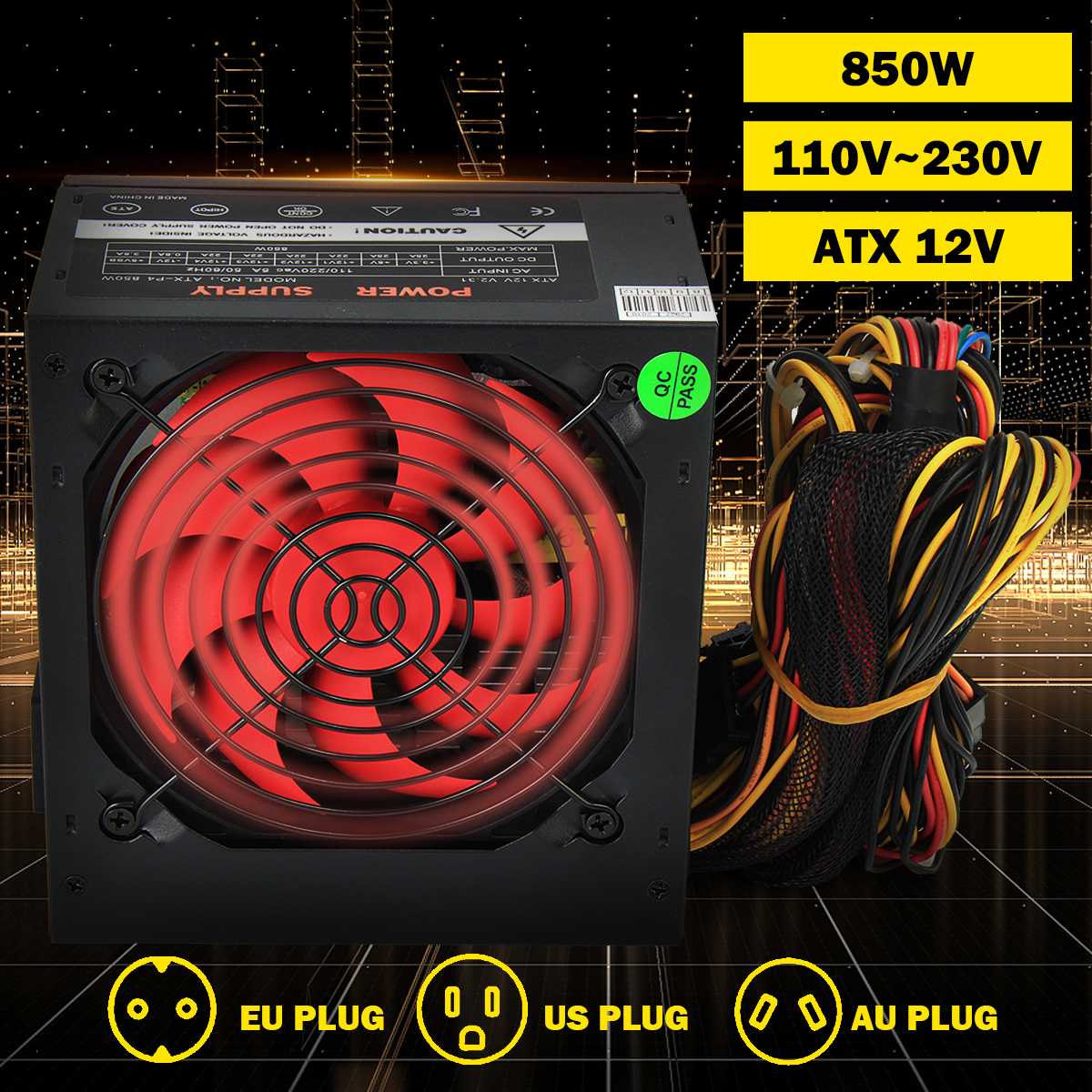 850W Power Supply 110V-230V 120mm LED Fan 24 Pin PCI SATA ATX 12V Active PFC PC Computer Power Supply for Desktop Gaming