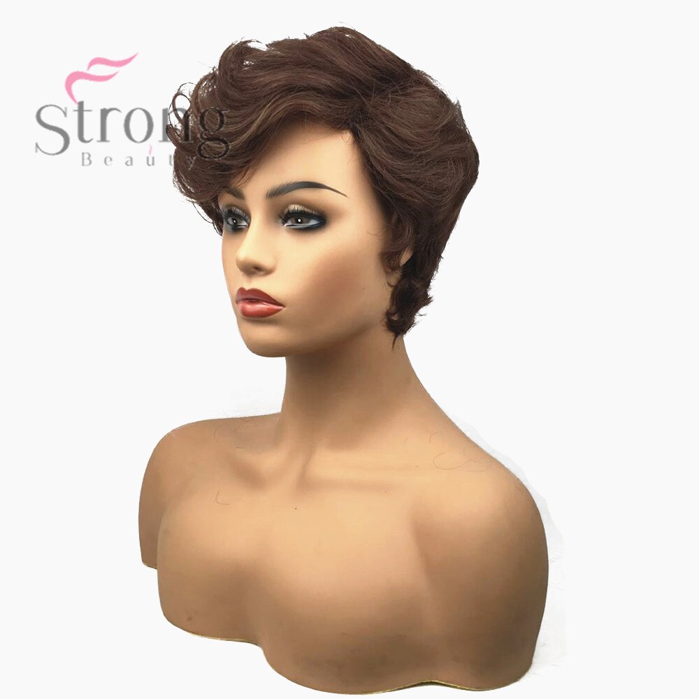 StrongBeauty Women Synthetic Capless Wig Brown Pixie Cut Hair Asymmetrical Side Bang Short Curly Wigs