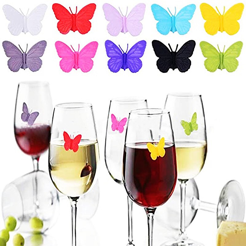 Identificador de mariposa de silicona, etiqueta para vidrio Tinto, copa de succión, pegatina, suministros de , marcador para vaso de vino