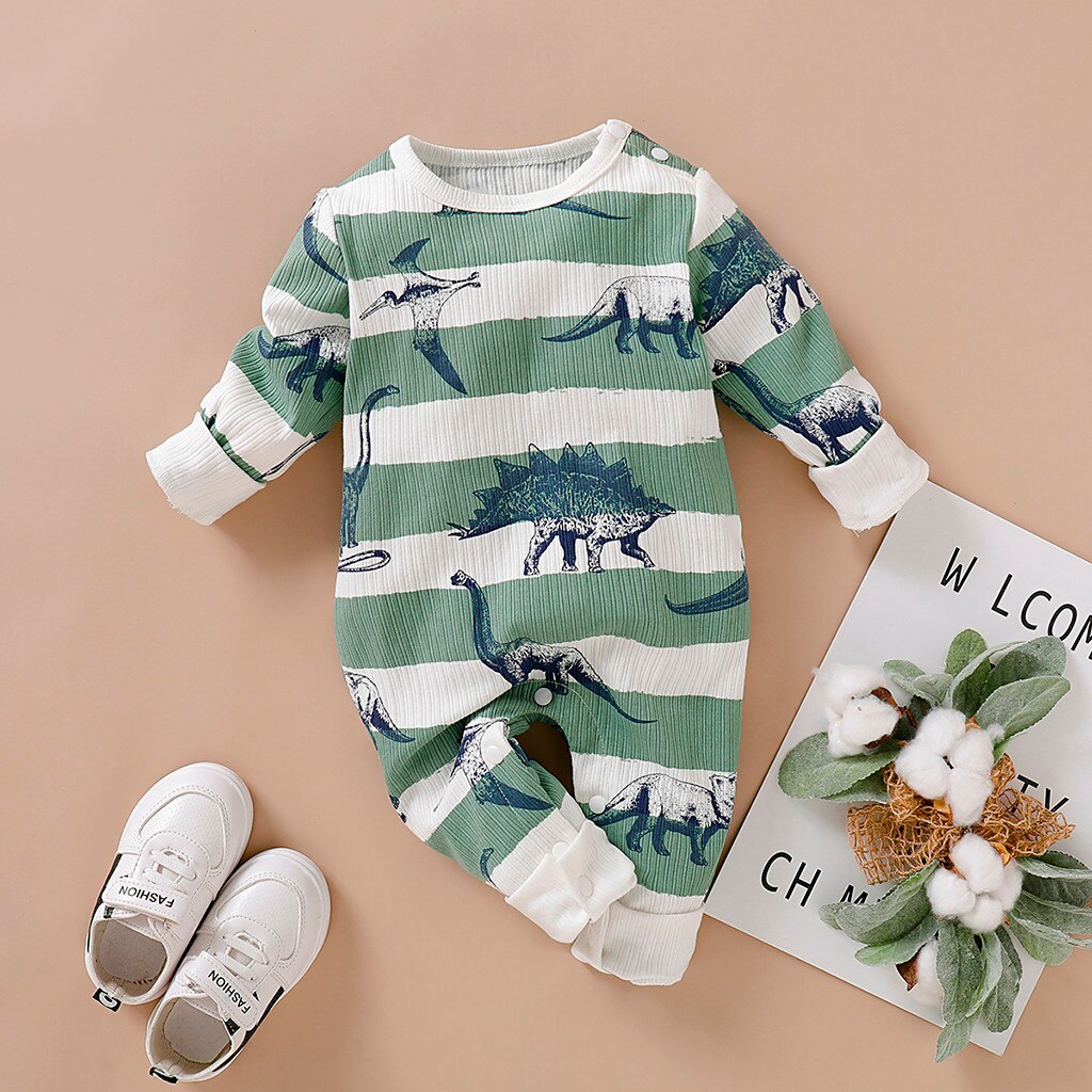Herfst Baby Baby Jongen Meisjes Lange Mouw Cartoon Print Gestreepte Print Romper Jumpsuit Kleding Gratis Z4: green / 18m