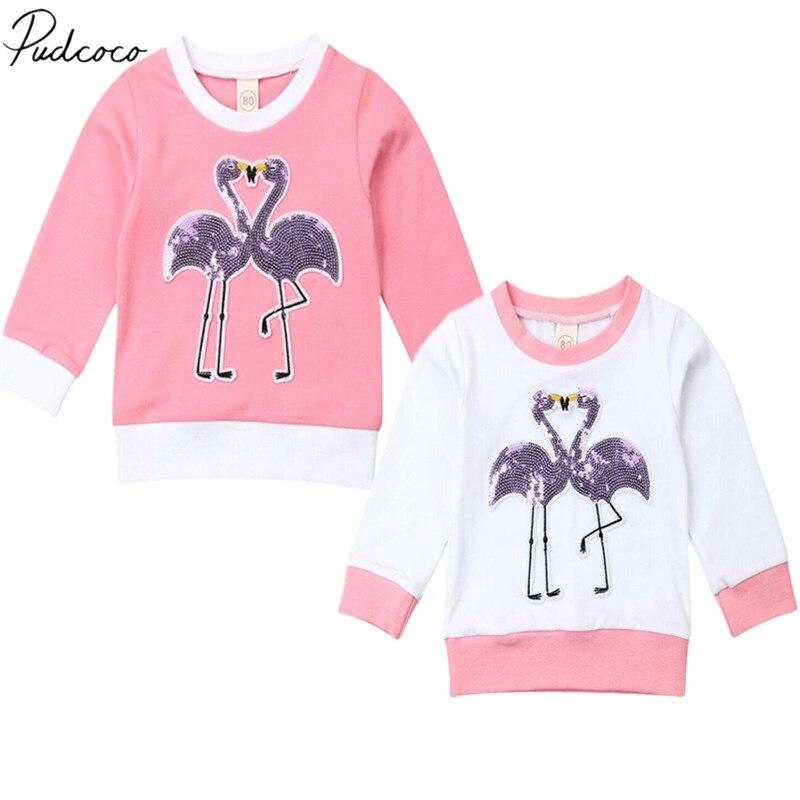 2019 Del Bambino di Autunno della Molla Capretti Dei Vestiti Del Bambino Della Ragazza Felpa Magliette e camicette A Maniche Lunghe T-Shirt Con Paillettes Flamingo Patchwork Vestiti 6 M- 4T