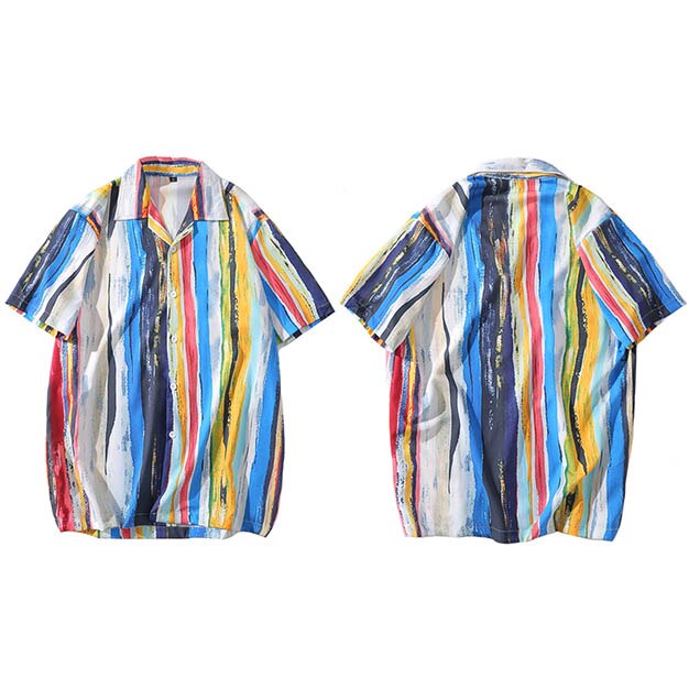 Uomini Camicia Hawaiana Pittura Arcobaleno Striscia di 2020 Camicia anca salto Streetwear Harajuku Camicia Spiaggia HipHop Camicette proprietà Del Manicotto Del Bicchierino: asiatico M
