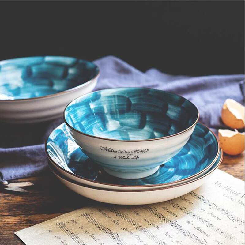 Nordic hand-painted starry sky ceramic Plate Set Kitchen Plate Ceramic Tableware Food Dishes Rice Salad Soup Noodles Bowl Dish