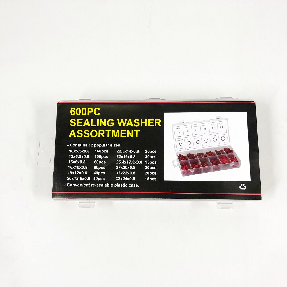600pc Fibre rondelle assortiment plombier bagues d'étanchéité en étui 10-32mm rouge Fibre joint d'étanchéité assortiment