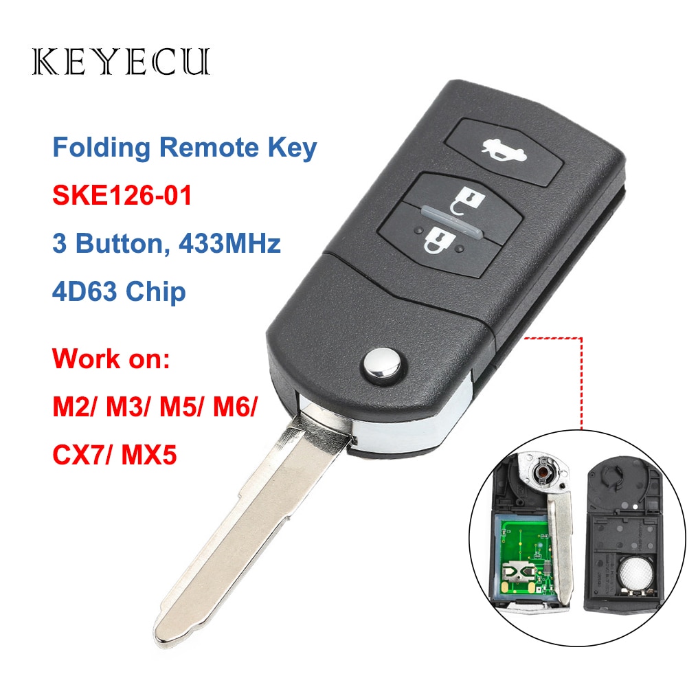 Keyecu Vouwen Afstandsbediening Sleutel Auto Starter 3 Knop 433 Mhz 4D63 Chip Voor Mazda 2 / 3 / 5 / 6 / MX5 / CX7 (SKE126-01)