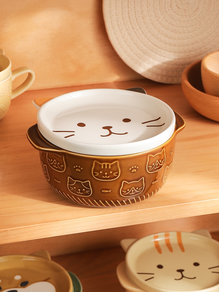Cartone animato in ceramica giapponese gatto cane spaghetto ciotole con coperchi simpatico animale zuppa insalata frutta ciotola scatola decorativa stoviglie cucina arredamento