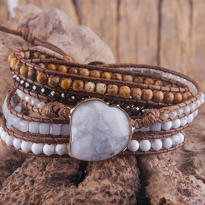 RH Handma-pulsera Bohemia con piedras naturales mezcladas, colgante de corazón, 5 pulseras de tiras, para mujer: white