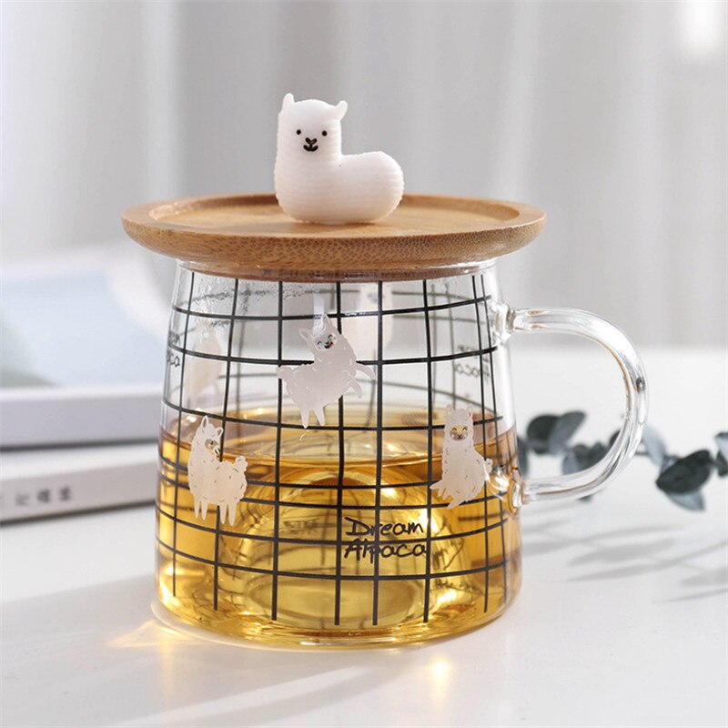 Nordic cute 3d alpaca glass mug with bamboo lock heat resistant transparent office milk coffee tea breakfast cup drinkware: A