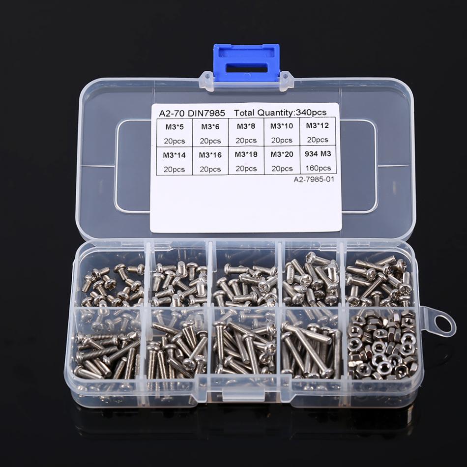 Juego de tuercas y tornillos de acero inoxidable, surtido de tornillos, tuerca M3, Tornillos de cabeza troncocónica, 340 uds.