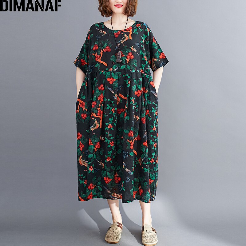 Dimanaf vestido plus size roupas femininas verão vestido de verão vintage impressão floral elegante senhora vestido solto plissado casual algodão 5xl