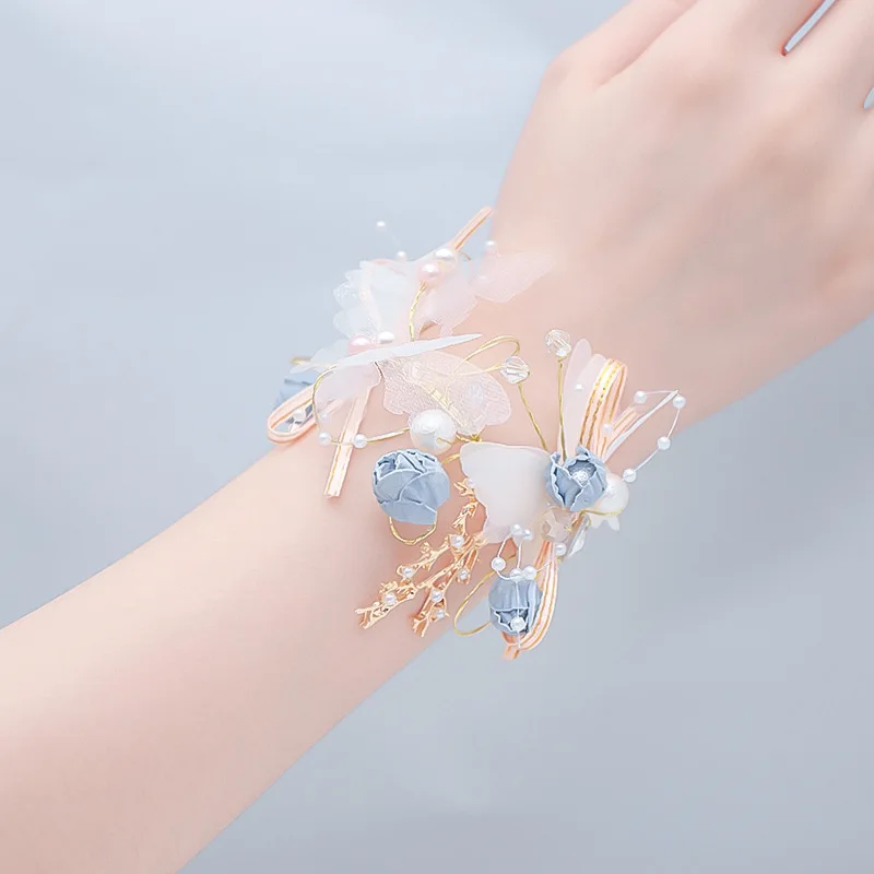 Imitation Pearls Corsage Bracelet Fabric Hand Flowers Girls Bridesmaid Wrist Flowers Wedding Party Accessories Party decor Rose