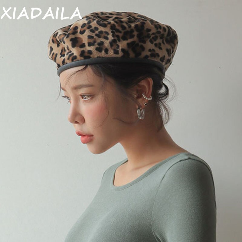 Leopard baret kvinde efterår vinter hatte til kvinder vintage maler flad kasket boina feminina pu læder rand beanie