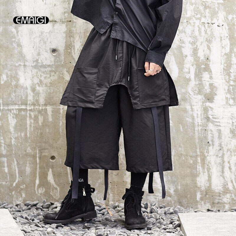Hommes japon Style Streetwear Kimono jupe pantalon mâle ample décontracté large jambe pantalon Punk gothique Hip Hop ruban Harem pantalon