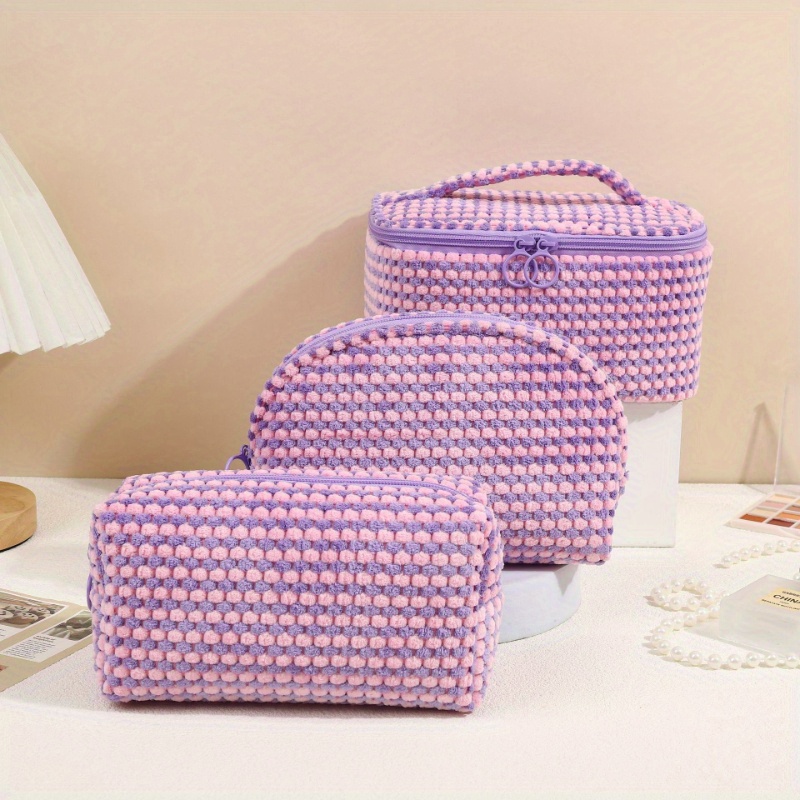 3 unids/set de bolsas de maquillaje simples y elegantes, bolsa de cosméticos a cuadros de felpa para cosméticos y artículos de tocador