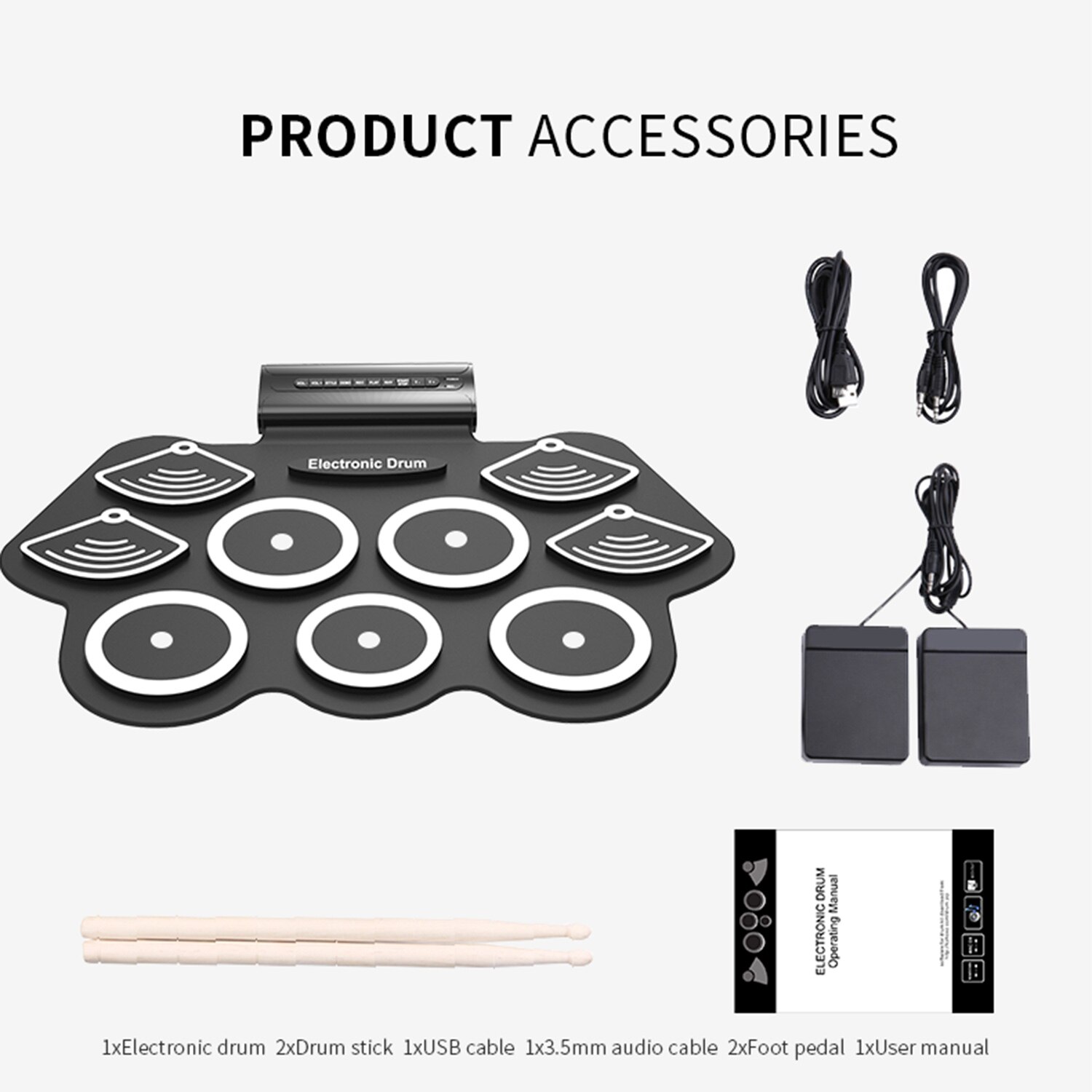 Konix W562-Juego de tambor electrónico para niños, tambor Musical electrónico para pies, práctica, tambor enrollable para principiantes