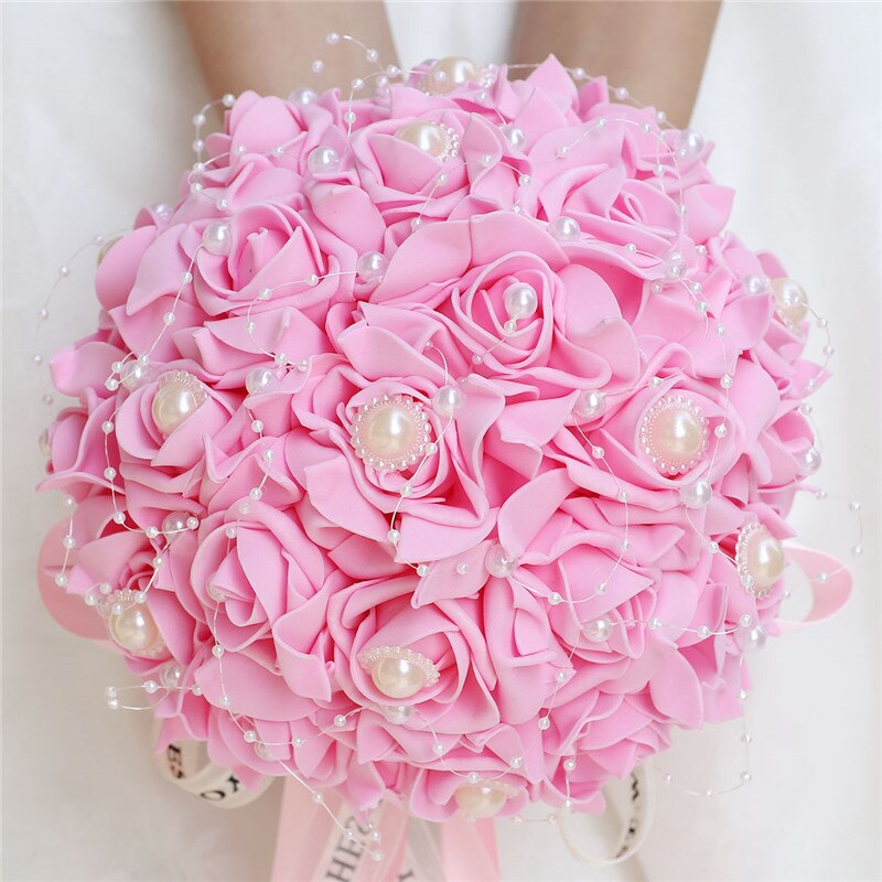 Fleur Rose PE Bouquet demoiselle d'honneur tenant des fleurs mariée ruban De soie Bouquets De Mariage mousse Rose avec perle fête De Mariage W205