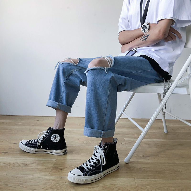 Pantalones vaqueros para hombre, holgados, rectos, hasta los tobillos, combinables, de calle, rotos, estilo coreano, elegantes y chic.: Azul / Xxl