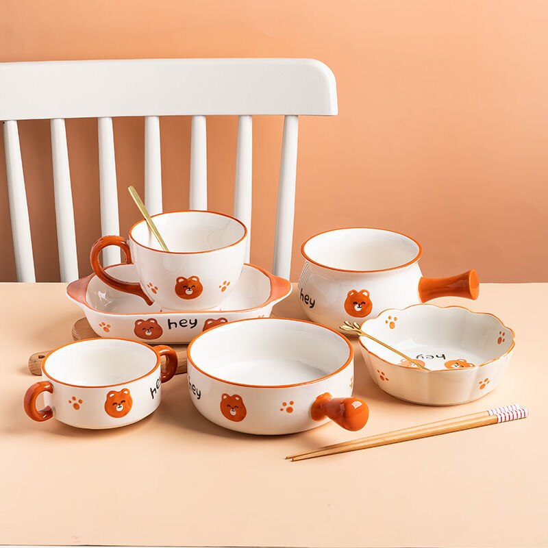 Cute Bear Bowl Plate Ceramic Household Oven Baking Bowl Baked Rice Plate Fruit Bowl Cartoon Tableware Set