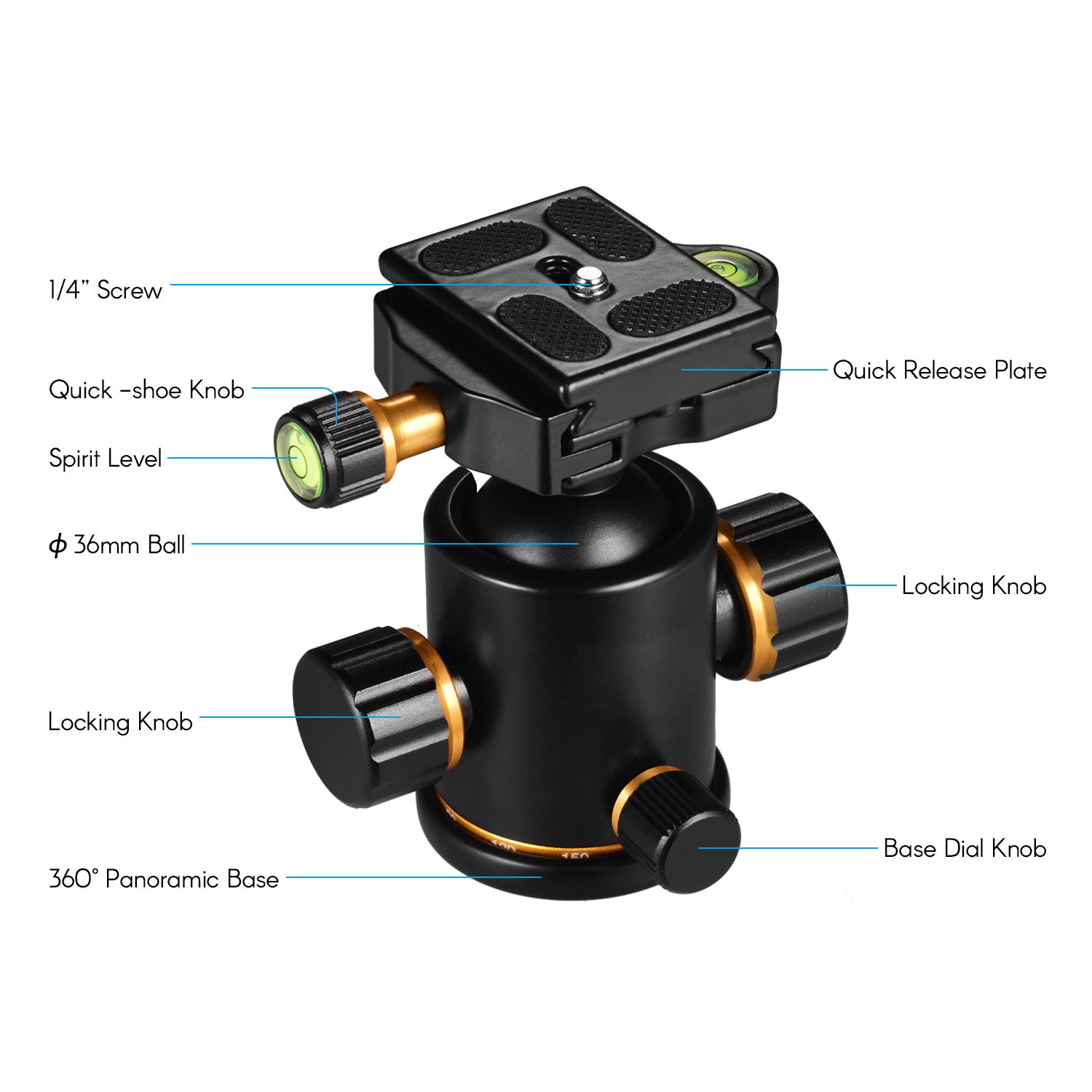 Andoer-trípode panorámico de aleación de aluminio, adaptador de montaje de cabeza esférica, rotación de 360 grados + placa QR, capacidad de carga de 3kg/6.6lbs