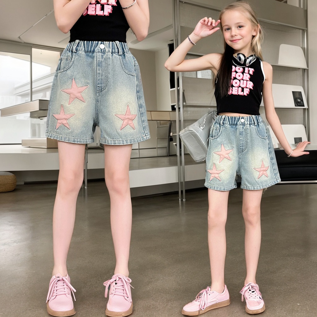 Meisjes zomer lederen vijfpuntige ster shorts 2025, nieuw product mode vijfpuntige ster jeans casual sportshorts 5-15 jaar o