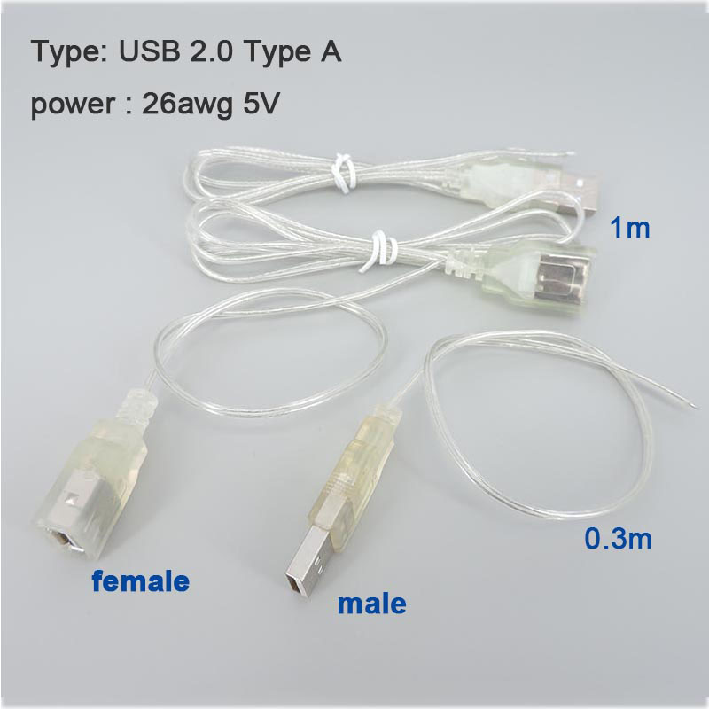 0.3m 1m 5V USB 2.0 Voeding Kabel 2Pin Type A Stekker Vrouwelijke Jack 26awg witte Oplader transparant Koord Verlengdraad L1