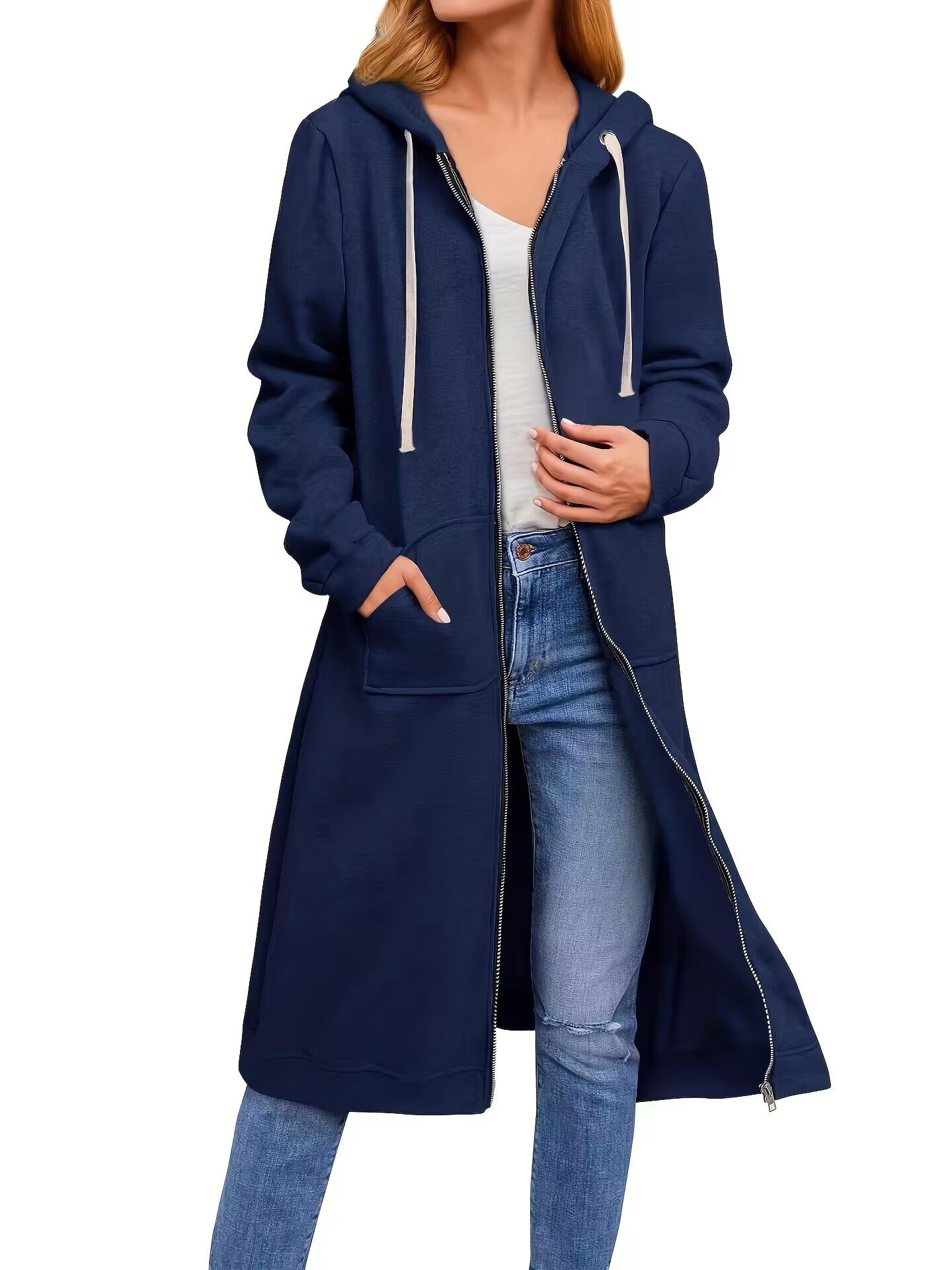 Plus-Größe-Kapuzenpullover für Damen, lässige Kapuzenpullover mit durchgehendem Reißverschluss, bequeme lange Damen-Kapuzenpullover, modische Sweatshirts mit Taschen: 3XL / Marineblau
