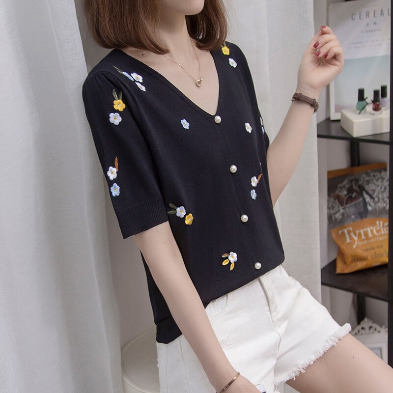 Suéter de algodão com gola v, camiseta feminina de verão, bordado, casual, tops plus size, roupas femininas, camisetas de malha, 2021