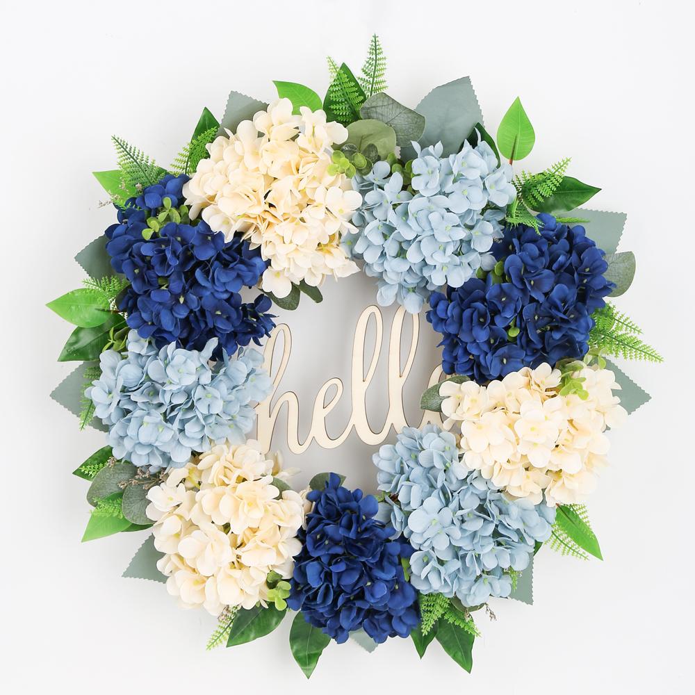 22 tuuman vihreä hortensia seppele etuovi seppele kevät seppele käsintehty hello wreath kodin koristelu: Sininen