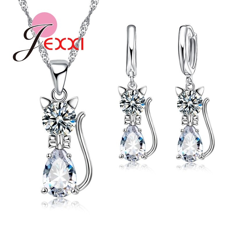 Mode 925 Sterling Zilveren Sieraden Sets Voor Vrouwen Laies Luxe Cz Rhinestone Dier Kat Charm Hanger Ketting Oorbellen: Clear