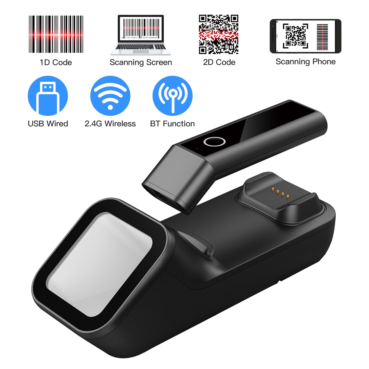 Barcode Scanner Handheld 1D/2D/Qr Bar Code Reader Ondersteuning Bt 2.4G Draadloze Usb Bekabelde Verbinding Met opladen Scannen Base