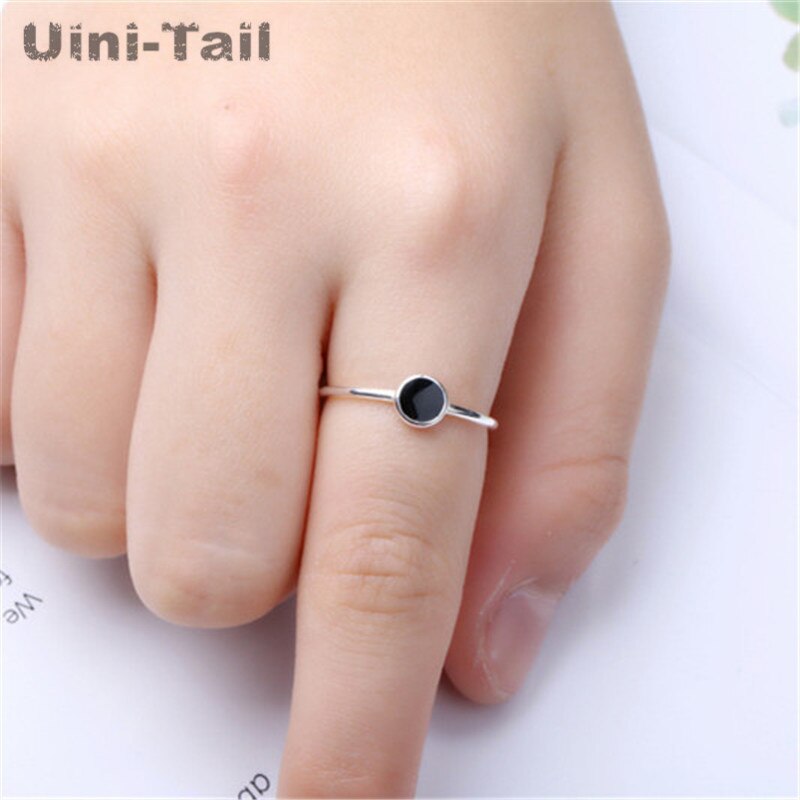 Uini-Schwanz Heißer Neue 925 Sterling Silber Schwarz Geometrische Ring Persönlichkeit Öffnen Epoxid Ring Stern Dreieck Herz Geformt Ring GN451: runden