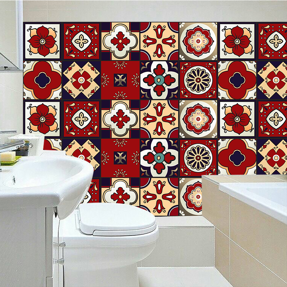 10pcs Red Mandala Tiles Wall Sticker Matte Film For Tiles /Ground in Kitchen Backsplash Wardrobe Cupboard Floor Wall Decals