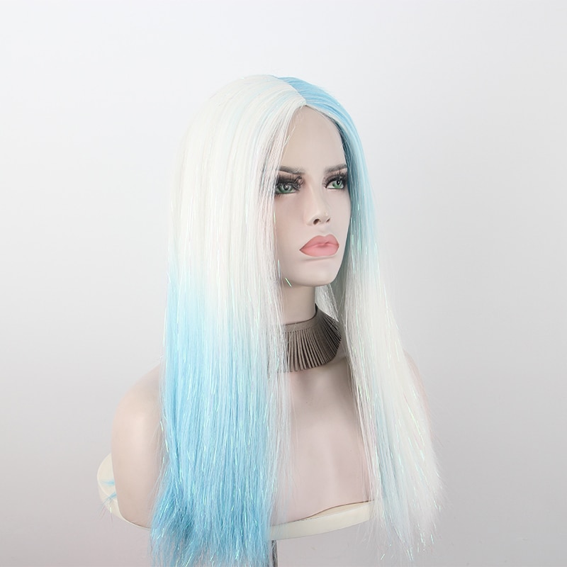 Anxin couleur bleu et blanc cheveux longs raides cheveux bouclés dégradé couleur fraîche perruque en fibres synthétiques haute température soie vie perruque