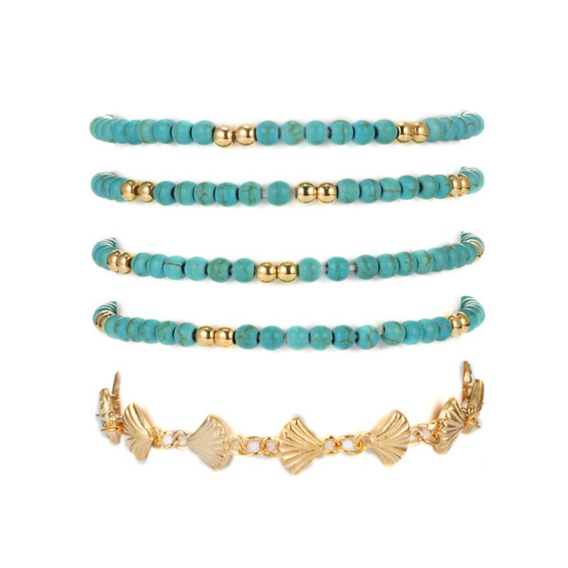 5 Stks/partij Blauw Turkoois Kralen Enkelbandje Armband Op De Been Goud Kleur Shell Multilayer Enkelbanden Voor Vrouwen Strand Voet sieraden
