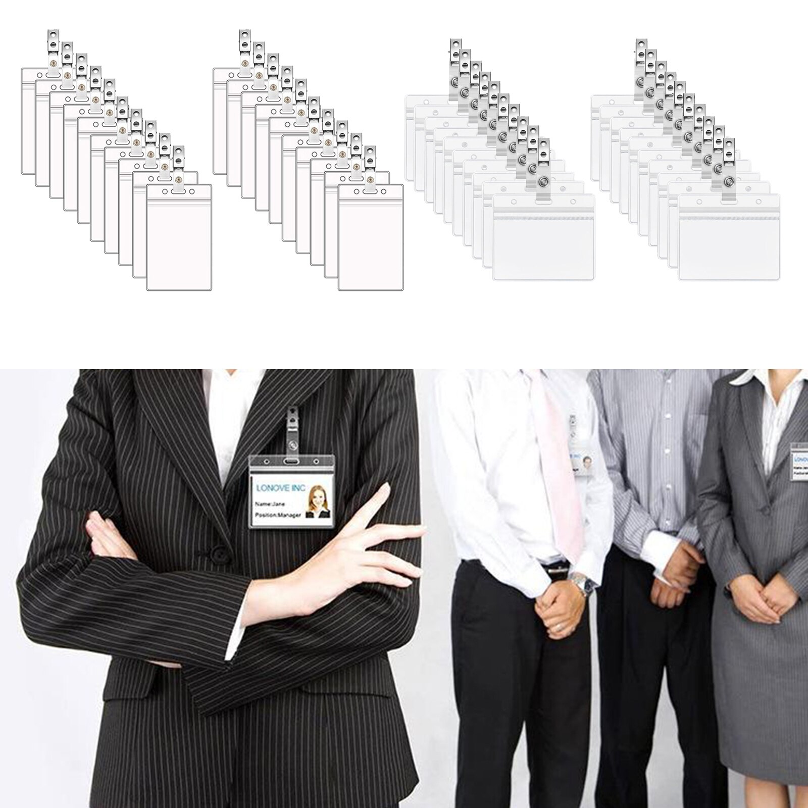 20PCS ID Badge Holders Horizontal/Vertical Clear Plastic Name Tag ID Card Holder Waterproof Resealable with Metal Clip