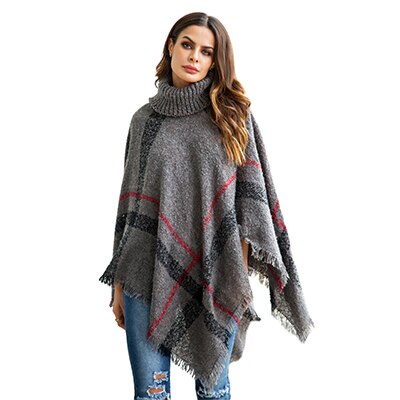 NORA TWIPS Women Sweater Plus Size Women's Wool Plaid Cardigan Turtleneck Cape Batwing Sleeve Knit Poncho Sweater: Grey / M
