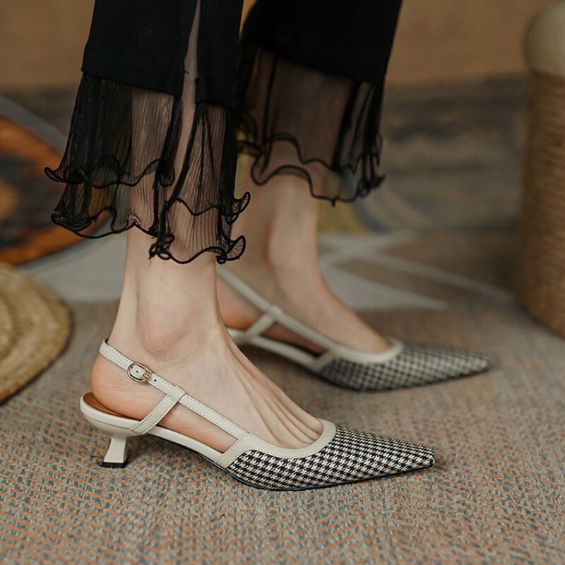 2022 Retro Ladies Stiletto Slingback Pointed Toe Shallow Mouth Single Shoes Plaid Summer Women&#39;s Sandals