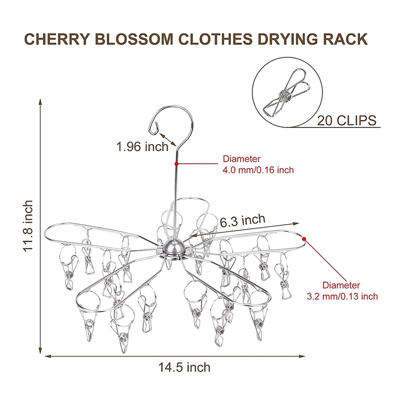 XD-Stainless Steel Foldable Clothes Drying Hanger,Laundry Drying Rack With 20 Clips,Hanger For Towels,Sock,Bra,Hat,Gloves