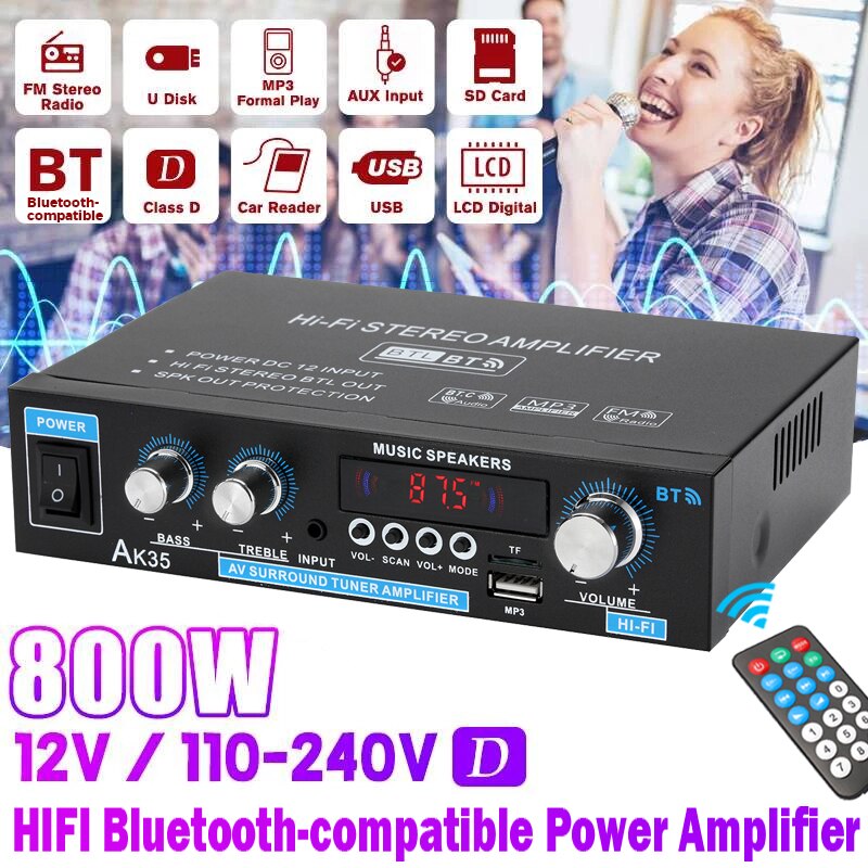 AK35 380 800W Home Digitale Versterkers Audio 110-240V Bass Audio Power Bluetooth Versterker Hifi Fm Auto muziek Subwoofer Speakers