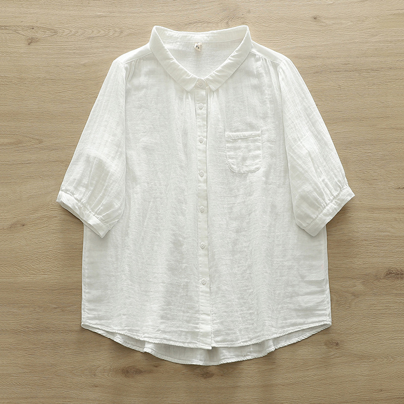 Neue Frühling Baumwolle Garn solide verlieren Hemd Frauen Revers Kurzarm oben Mädchen retro ol Pendel blusen 2024 Sommer t45449qc: M / Weiß