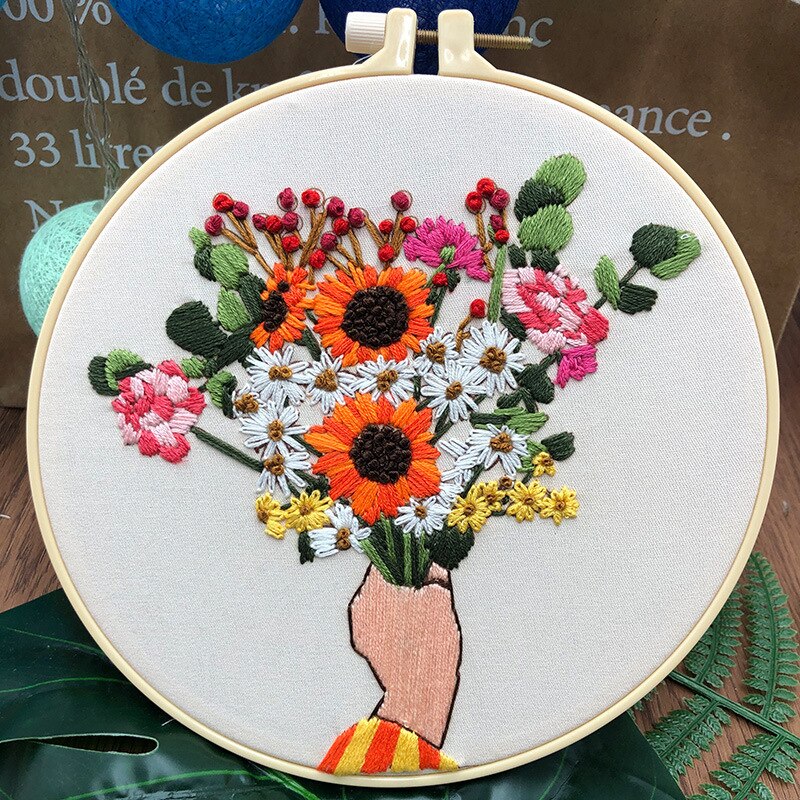Bouquet Pattern Beginner Handmade Art Needlework Material DIY Kits Embroidery Fabric Sewing Craft Set Home Decor: Flowers 02