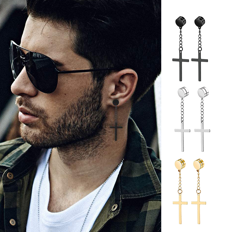Punk hombres fuerte imán magnético Cruz oreja Stud Set pendientes no Piercing pendientes falsos para novio amante joyería