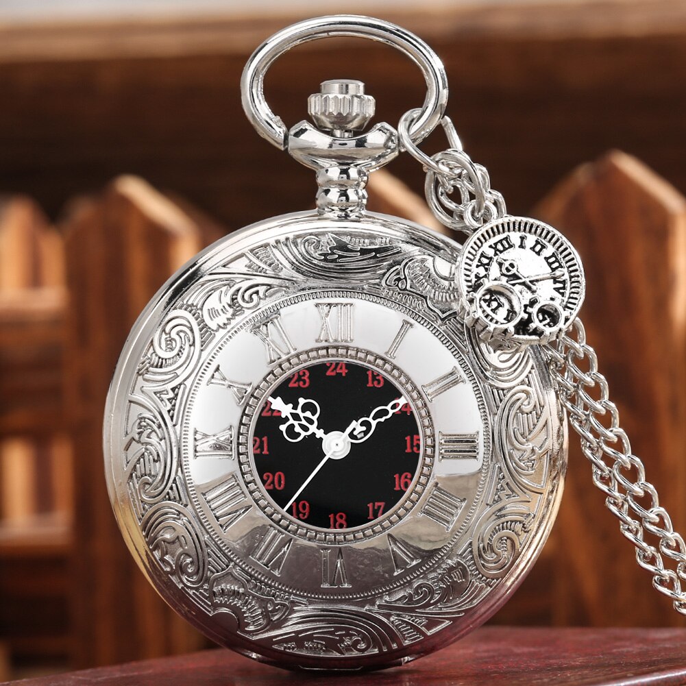 Retro Double Numeral Display Quartz Pocket Watch Antique Silver Necklace Pendant Clock Exquisite for Men Women