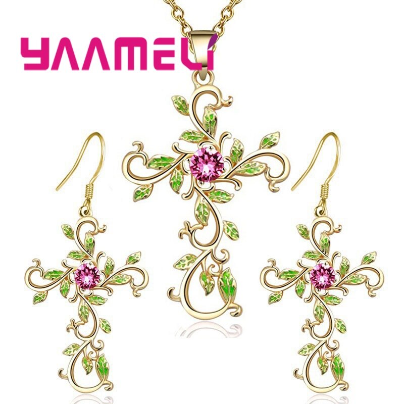 1 Set Crystal Bloem Ketting Hangers 925 Sterling Zilveren Kruis Sieraden Set Voor Vrouwen Boho Vintage Sieraden: Style2 gold